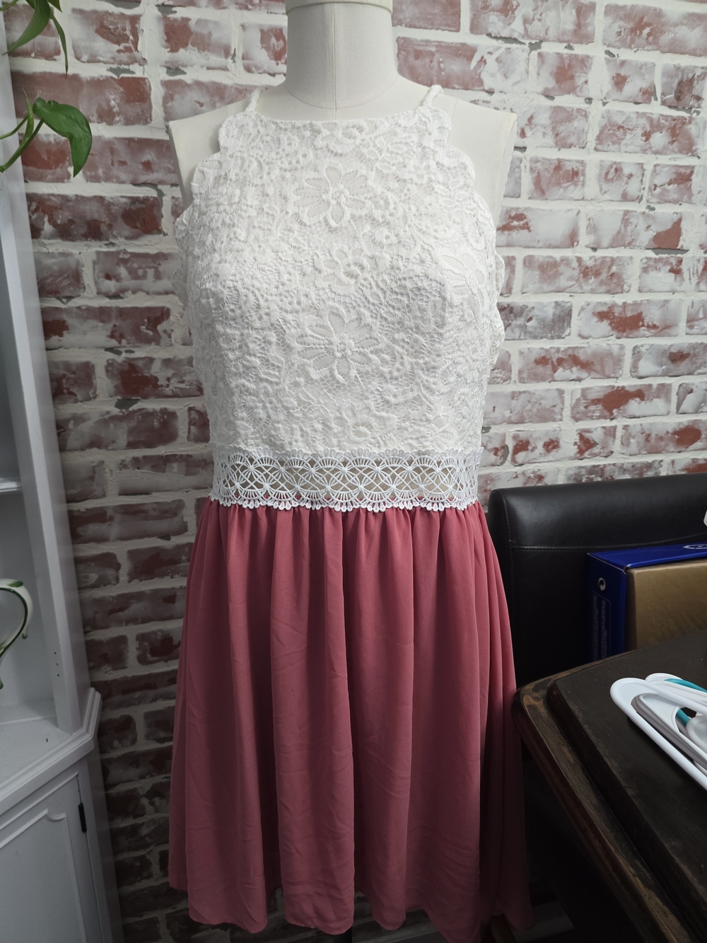by & by White Lace Bodice with Dusty Rose Skirt Mini Dress